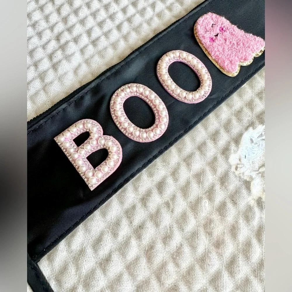 New Halloween Boo Pink Ghost Black & Clear Zippered Makeup Wristlet Bag - 11.5”